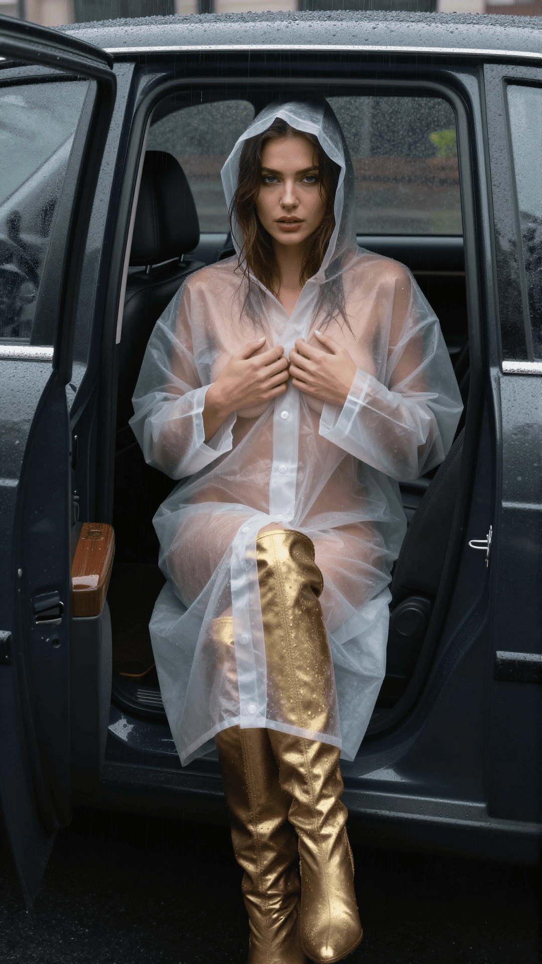 Realistic AI girl in a clear raincoat and gold boots by a car
