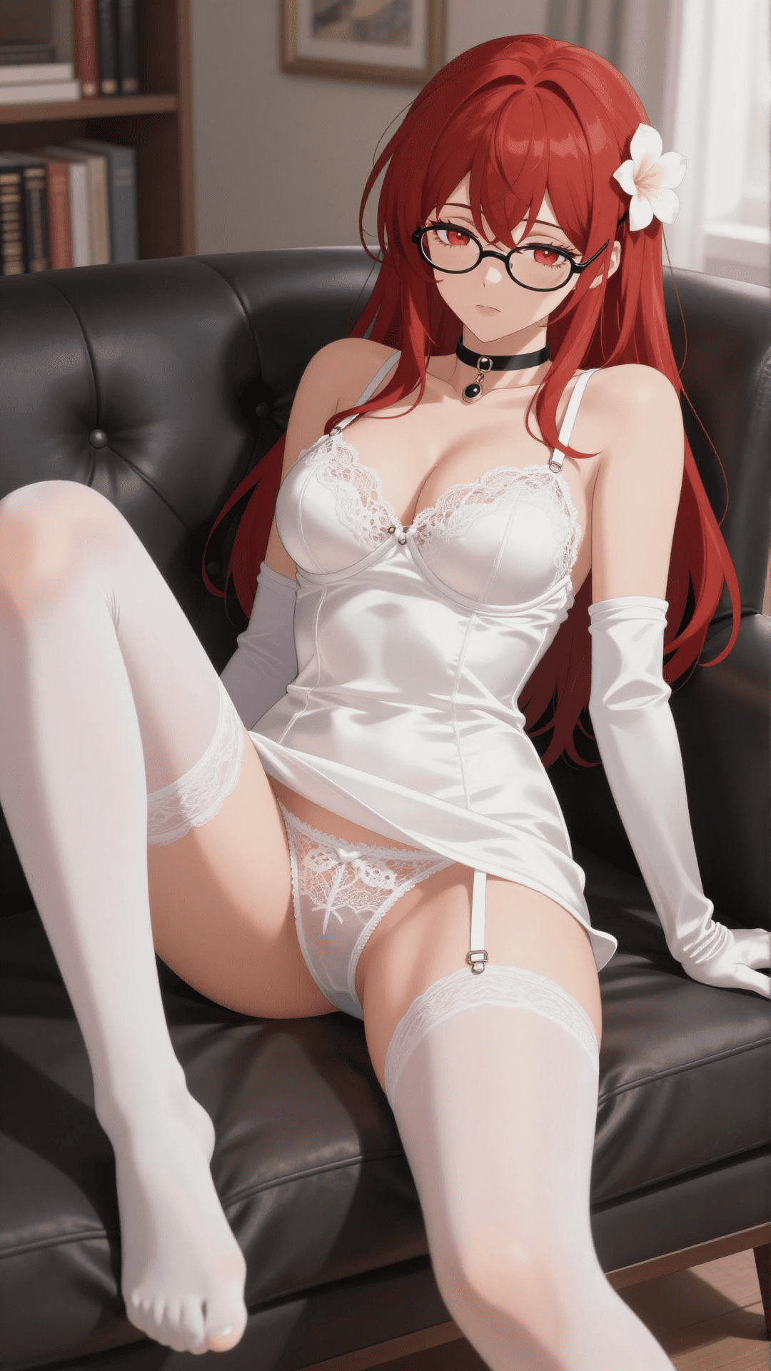 Anime AI girl with glasses in white lingerie on a leather sofa