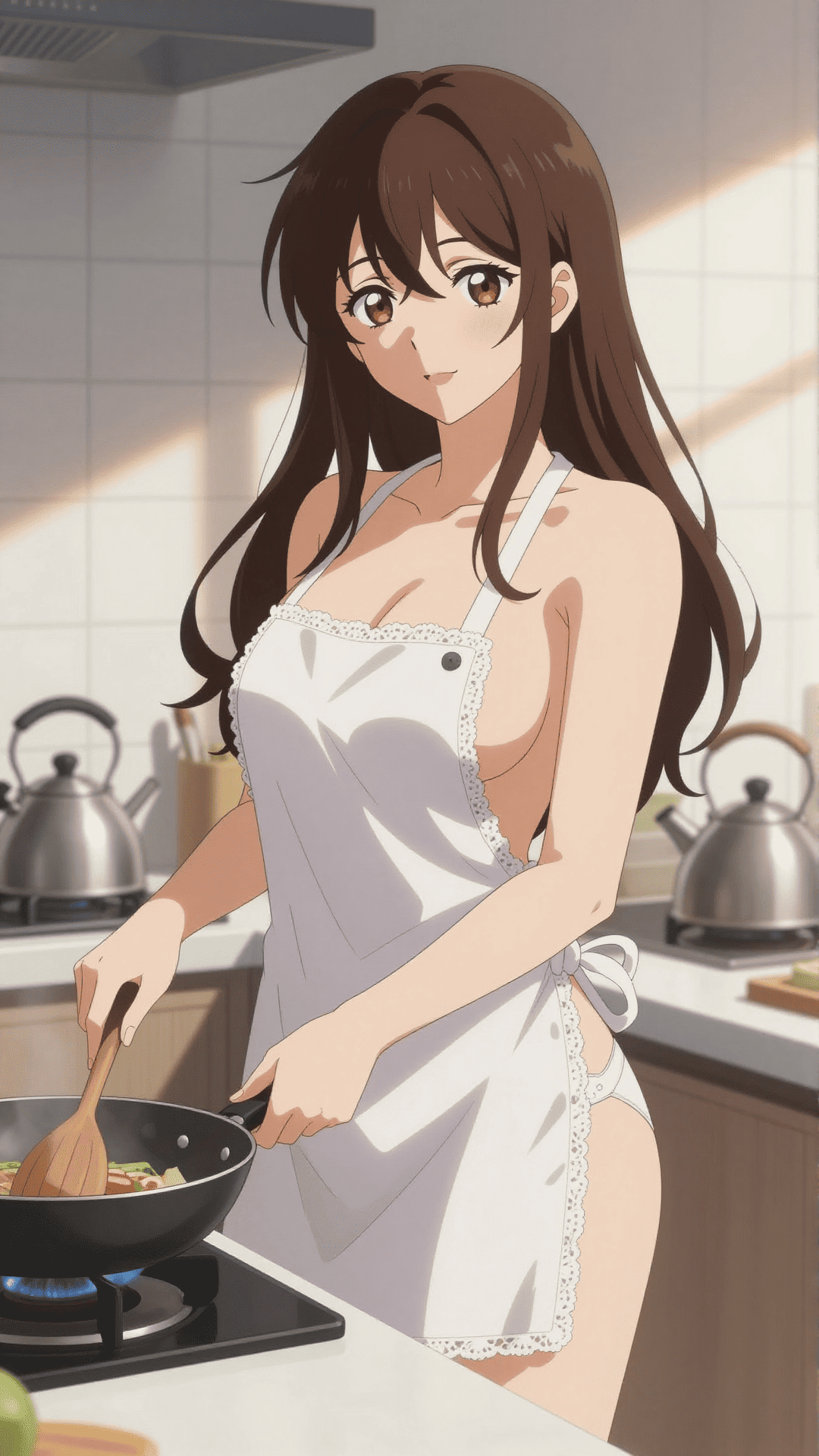 Anime AI girl wearing only an apron in the kitchen